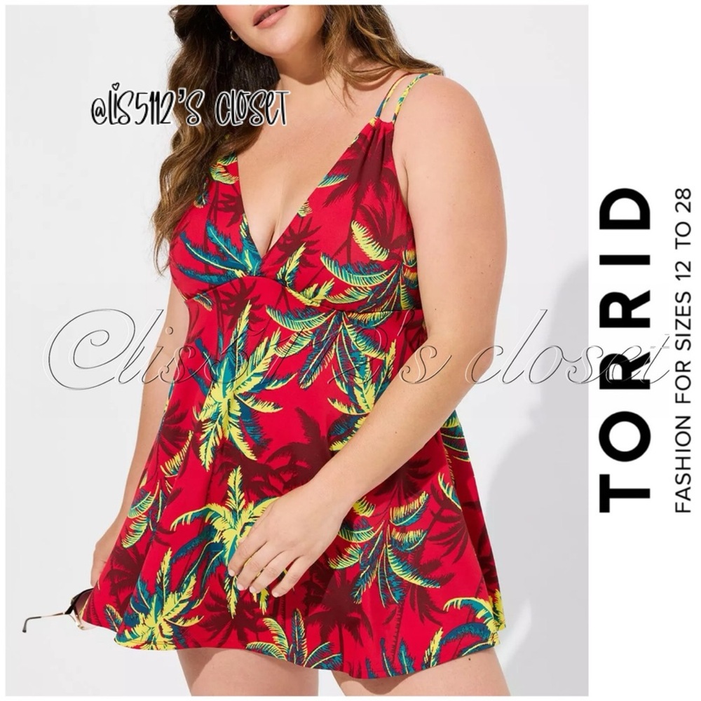 Torrid Red Tropical Shadow Retro Wireless Plunge Swim Dress Swimsuit 1X 14 16